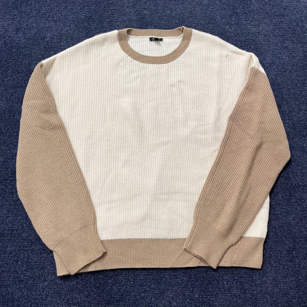 Express Sweater Womens Medium White Tan Ribbed Knit Crew Neck Pullover Top